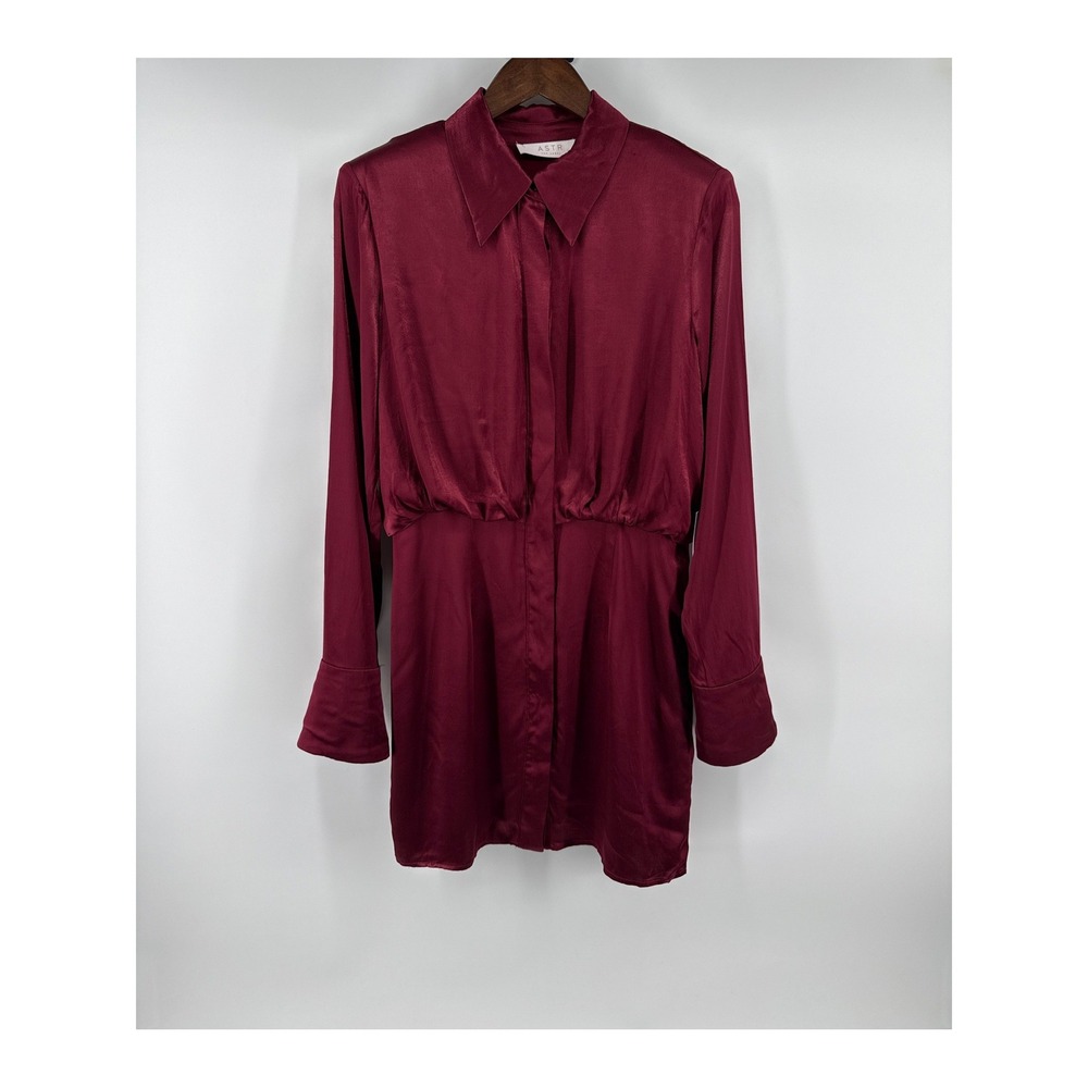 ASTR The Label Wine Satin Long Sleeve Mini Shirt Dress ACDR101353 Burgundy M